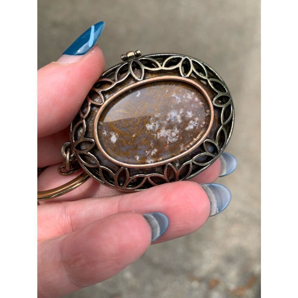 Vintage Brass Ocean Jasper Stone Locket Keychain